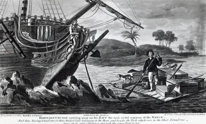 Robinson Crusoe trägt auf seinem Floß die nützlichsten Überreste des Wracks weg